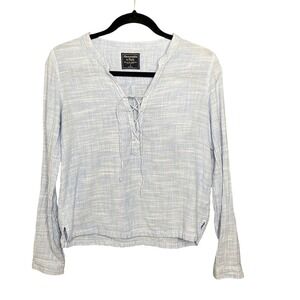Abercrombie & Fitch Top S Blue Lace Up Vneck Hatched Cotton Coastal Peasant Boho